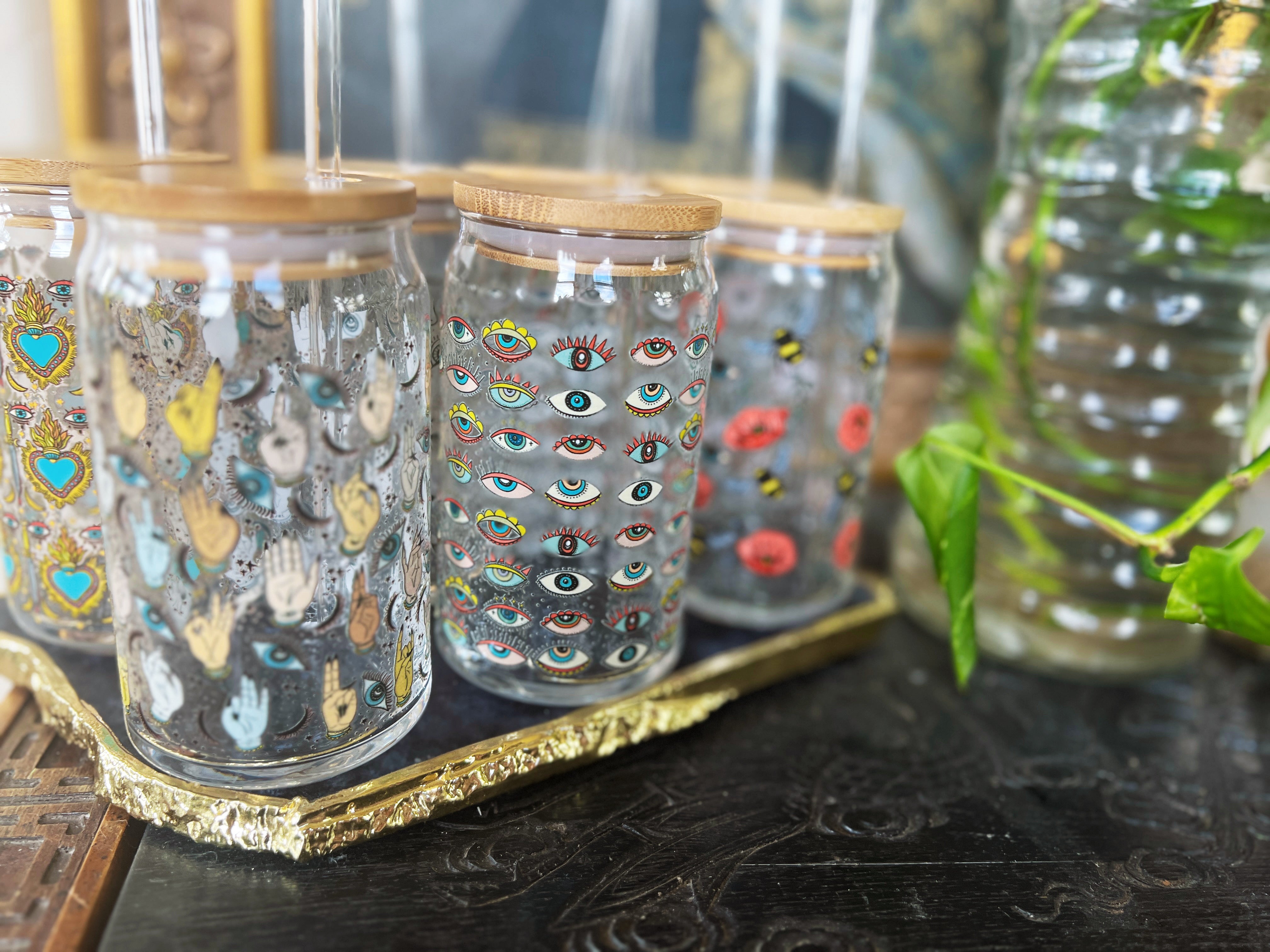 RETRO EVIL EYE // GLASS TUMBLER WITH STRAW