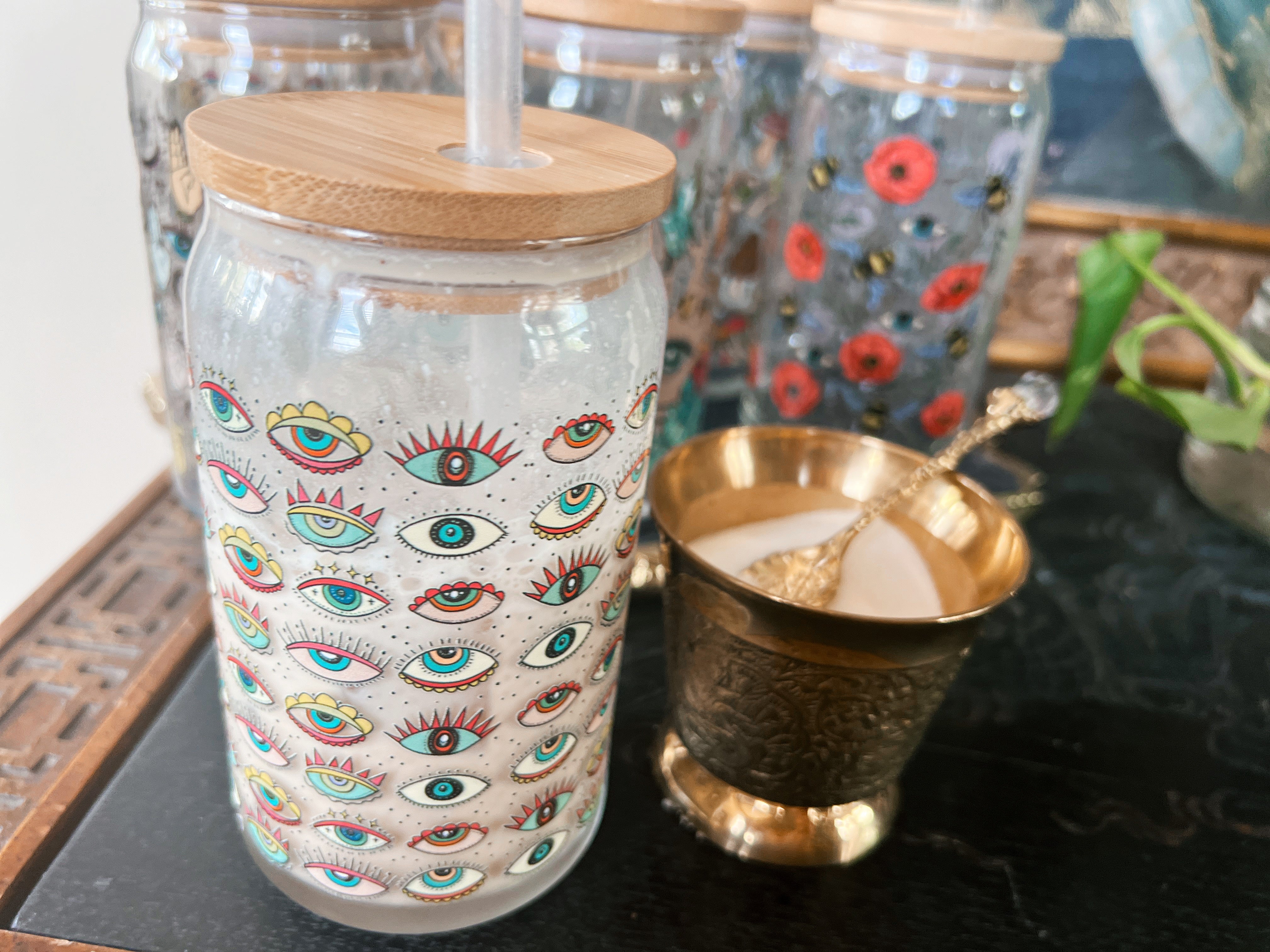 RETRO EVIL EYE // GLASS TUMBLER WITH STRAW