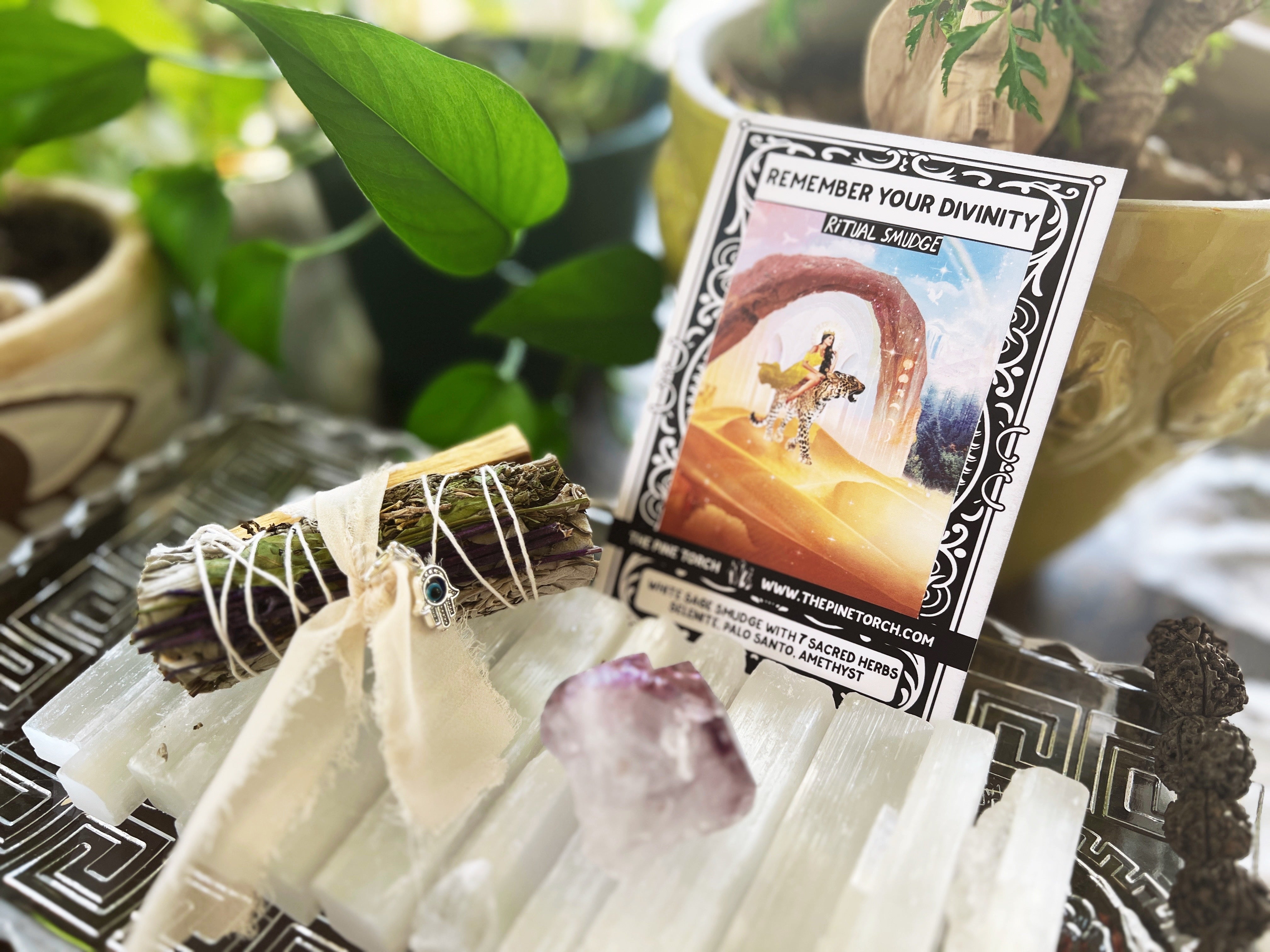 REMEMBER YOUR DIVINITY << WHITE SAGE WITH 7 SACRED HERBS, PALO SANTO, SELENITE, AMETHYST >> RITUAL KIT