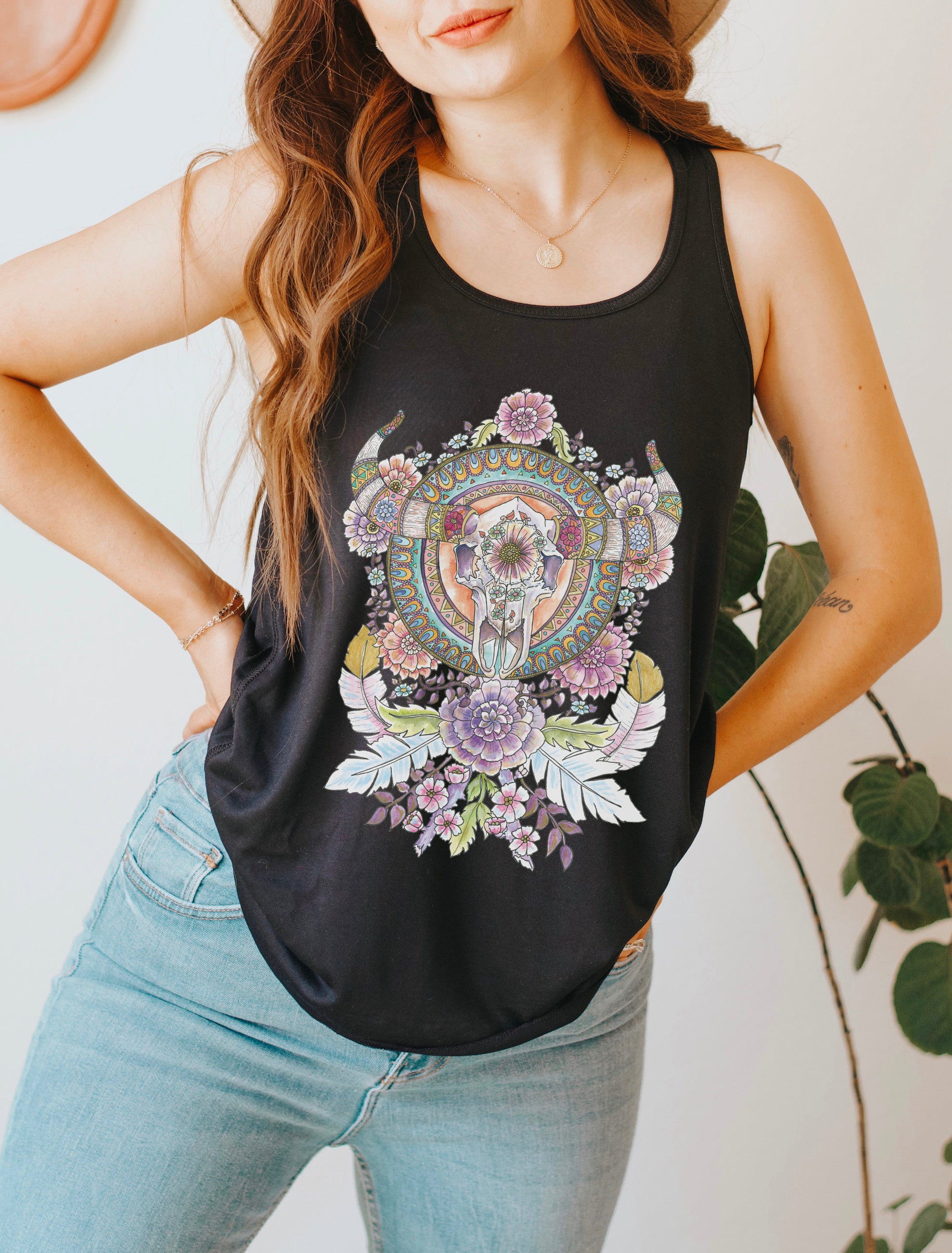 BULL SKULL MANDALA // FLOWY RACERBACK TANK