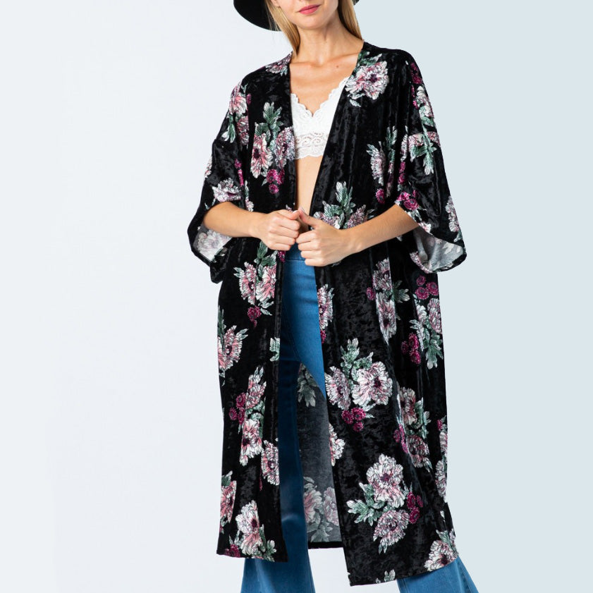 << LUXE >> MIDI VELVET FLORAL KIMONO (2 Colors)