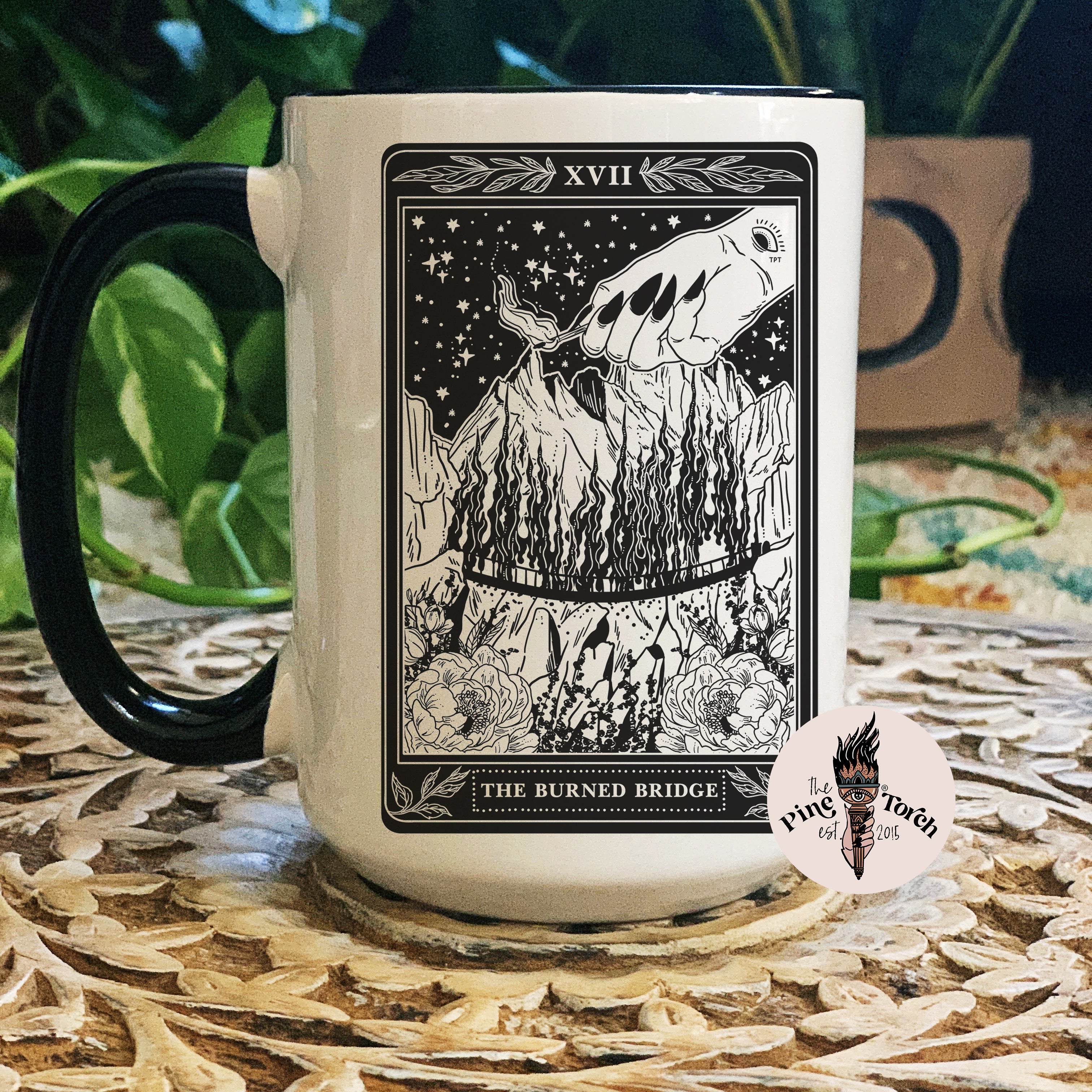 THE BURNED BRIDGE (BW) // BLACK RIM MUG