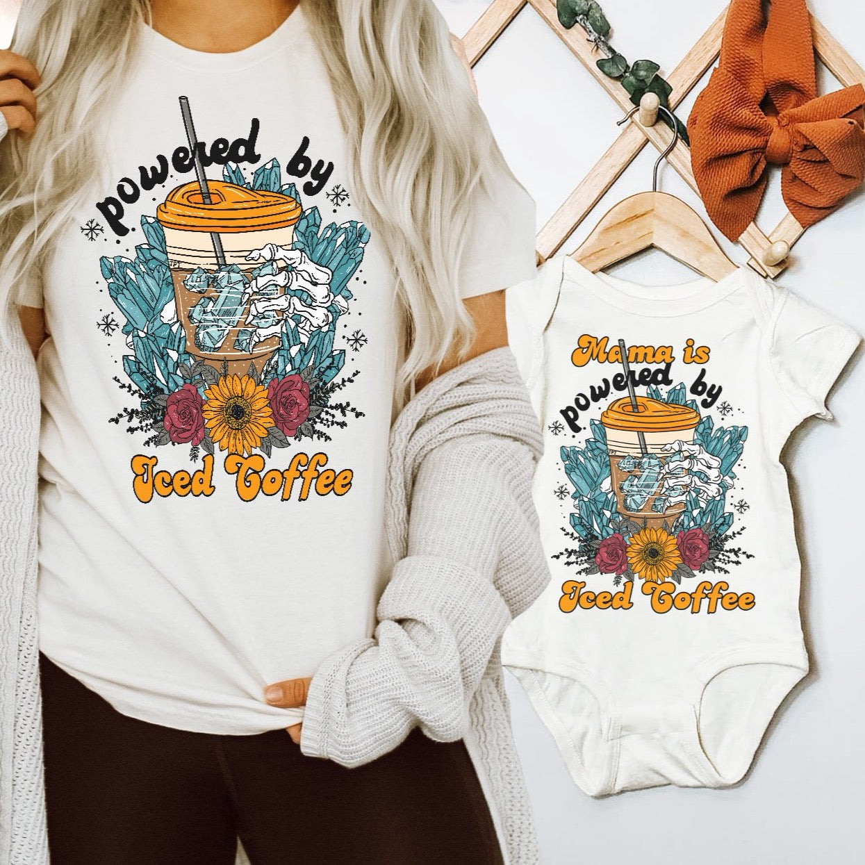 « POWERED BY ICED COFFEE » MOMMY & ME // Cream Unisex Tee + Bodysuit