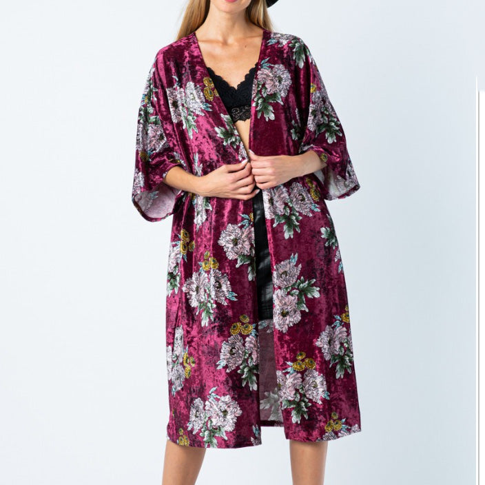 << LUXE >> MIDI VELVET FLORAL KIMONO (2 Colors)