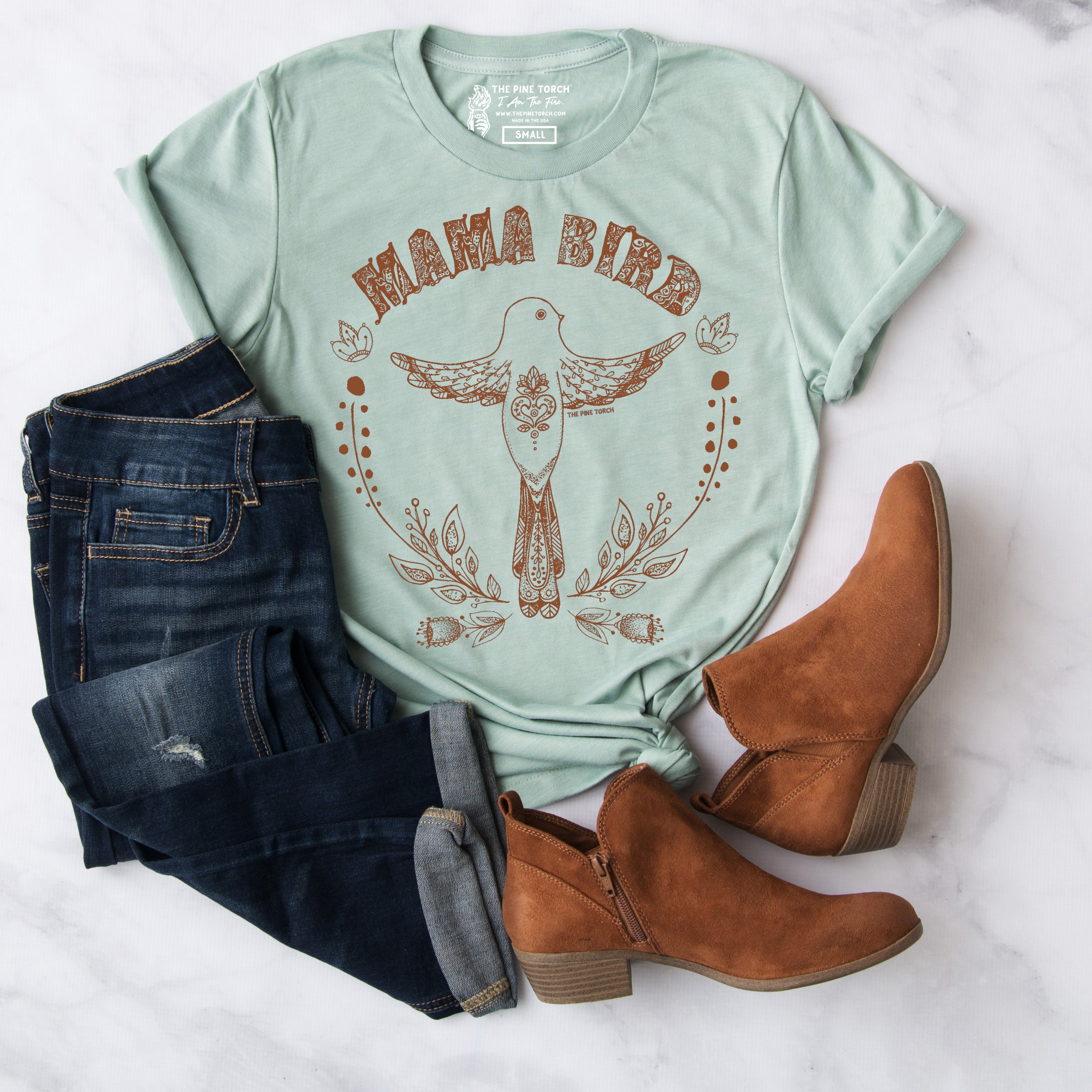 « MAMA BIRD » UNISEX DUSTY BLUE TEE