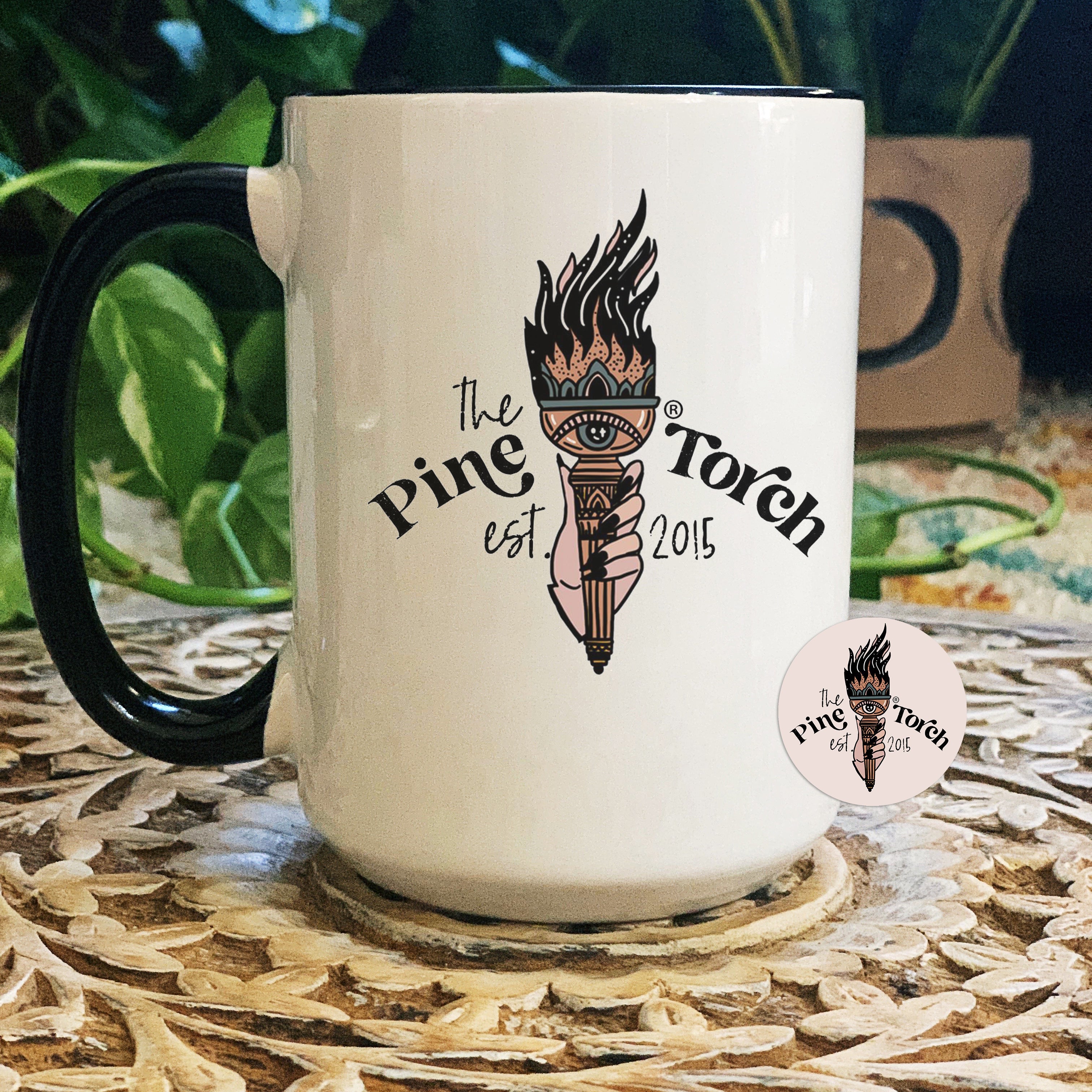 THE PINE TORCH LOGO // BLACK RIM MUG