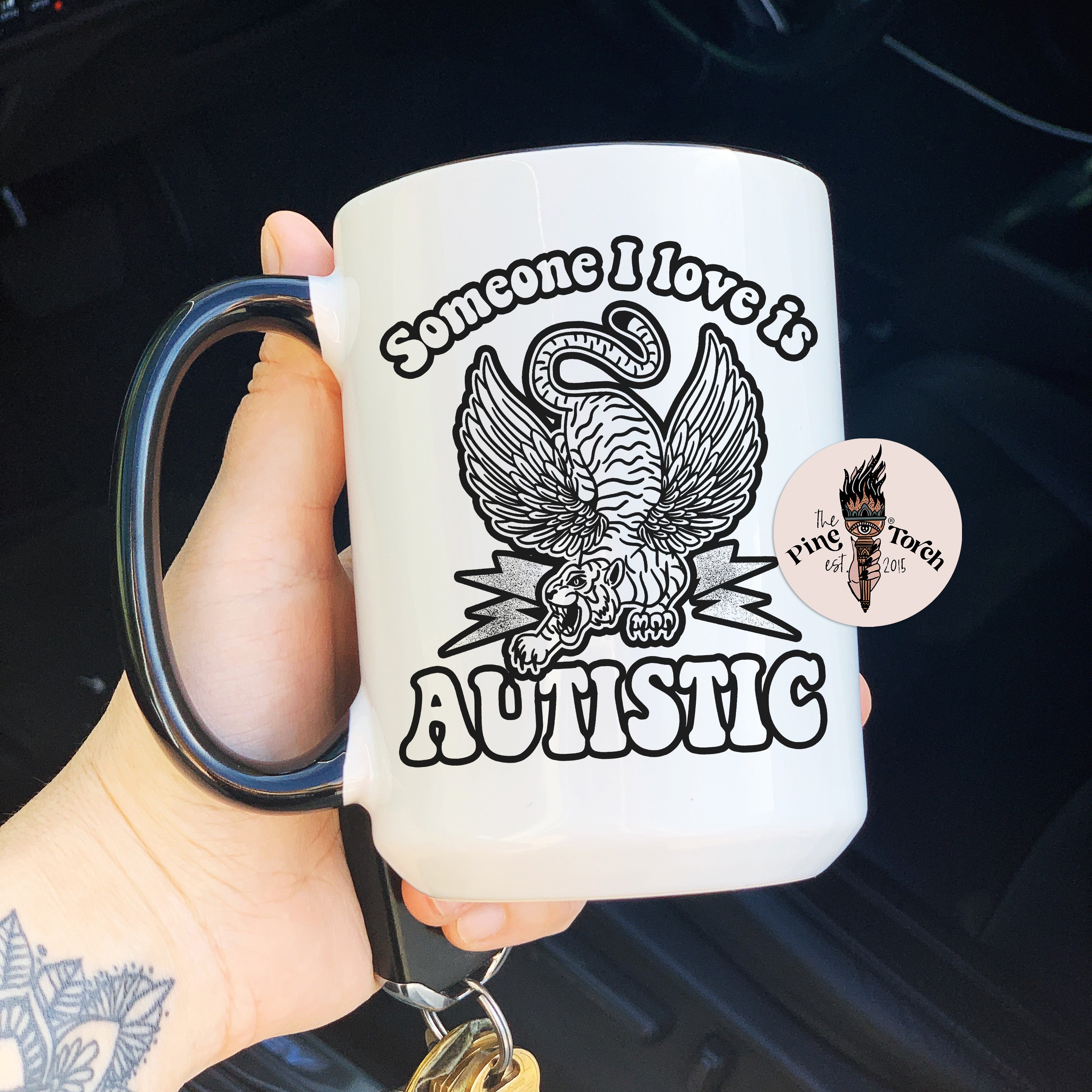 SOMEONE I LOVE IS AUTISTIC *TIGER // BLACK RIM MUG