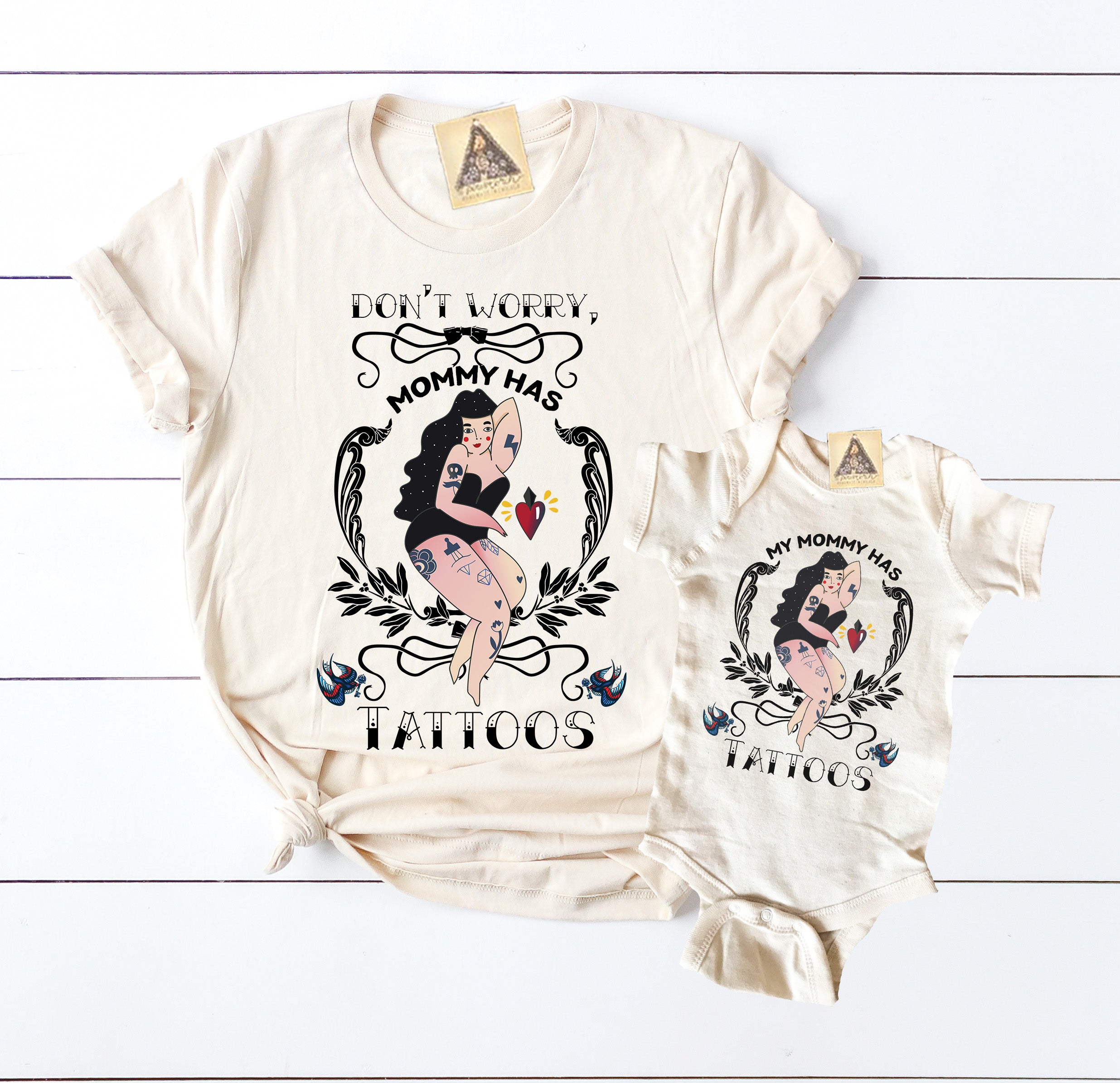 « DON'T WORRY, MOMMY HAS TATTOOS » MOMMY & ME // Unisex Cream Tee + Bodysuit