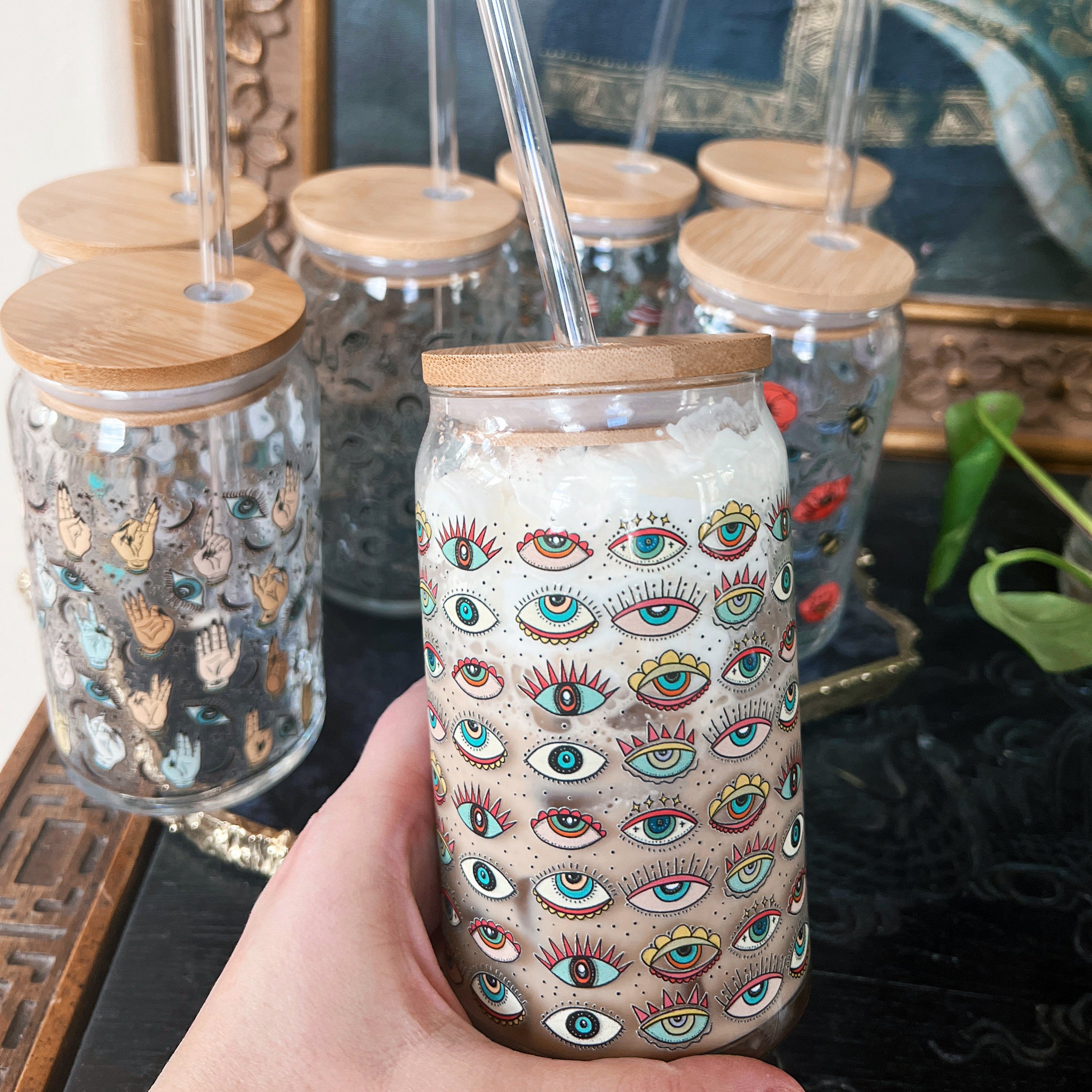 RETRO EVIL EYE // GLASS TUMBLER WITH STRAW