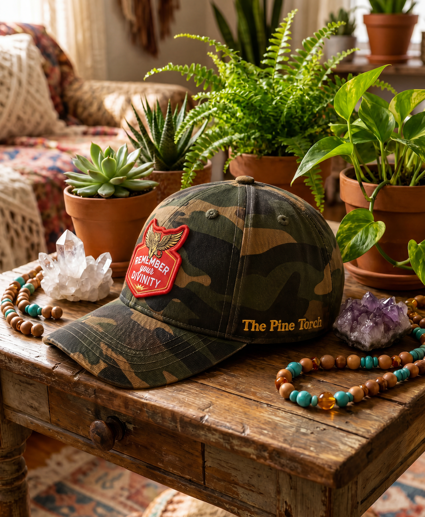 REMEMBER YOUR DIVINITY // CAMO PRINT CUSTOM PATCH TRUCKER HAT