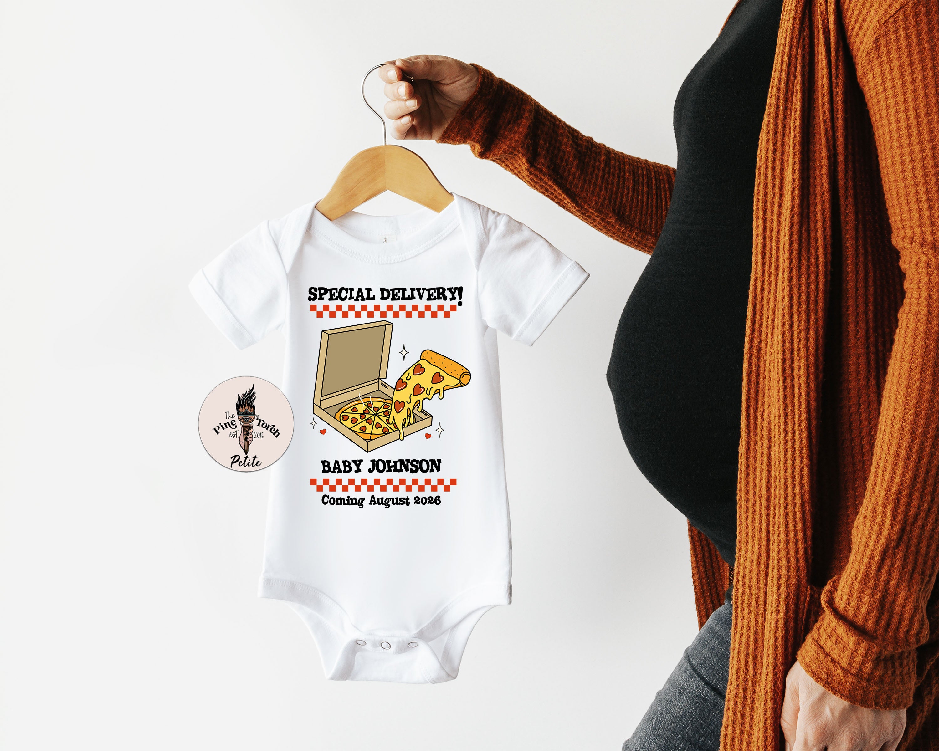 « CUSTOM PIZZA BOX PREGNANCY ANNOUNCEMENT » BODYSUIT
