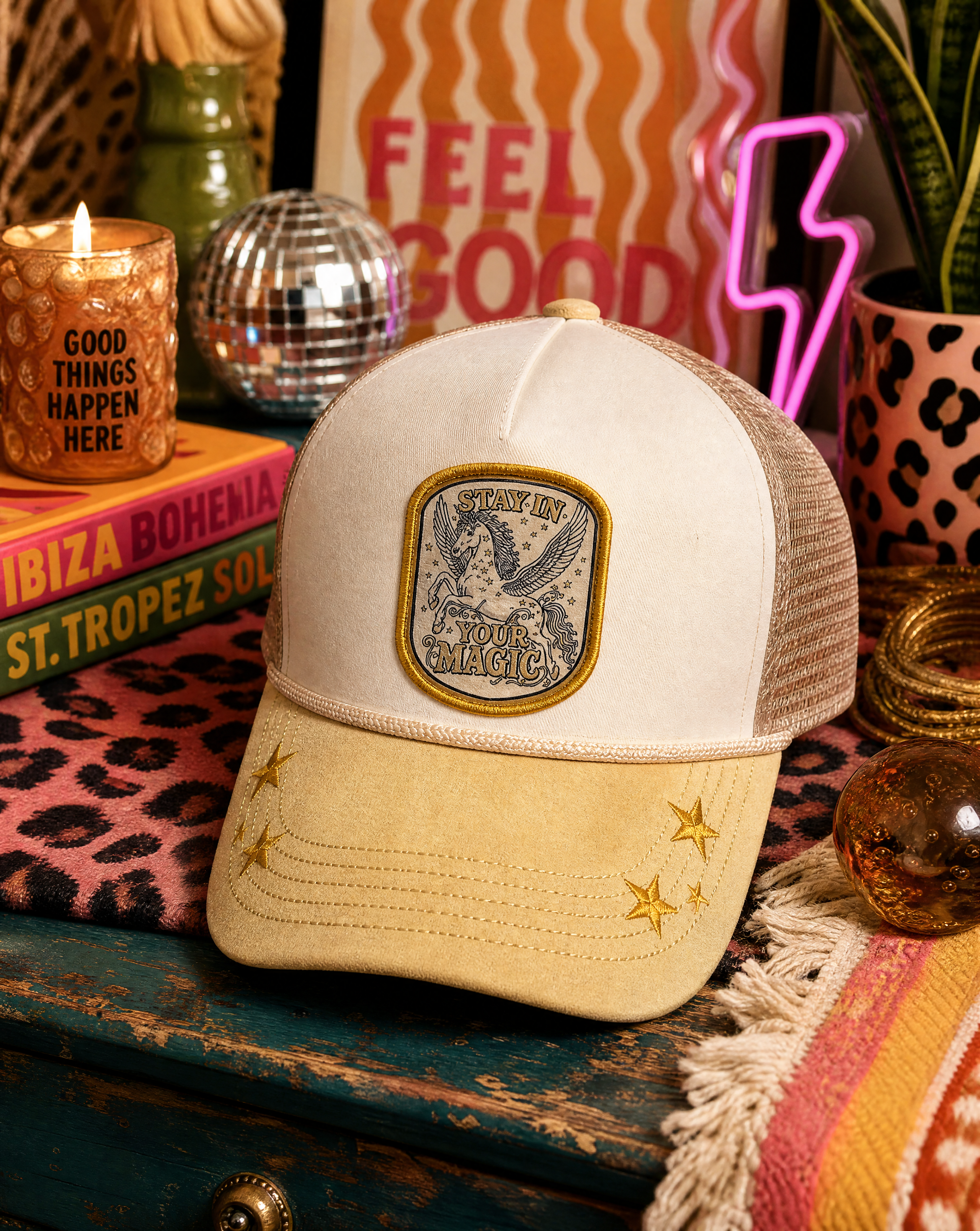 STAY IN YOUR MAGIC // SUEDE CUSTOM EMBROIDERED PATCH HAT