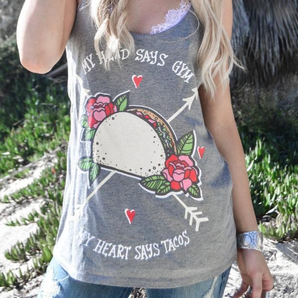 « MY HEAD SAYS GYM, HEART SAYS TACOS » WOMEN'S SLOUCHY TANK