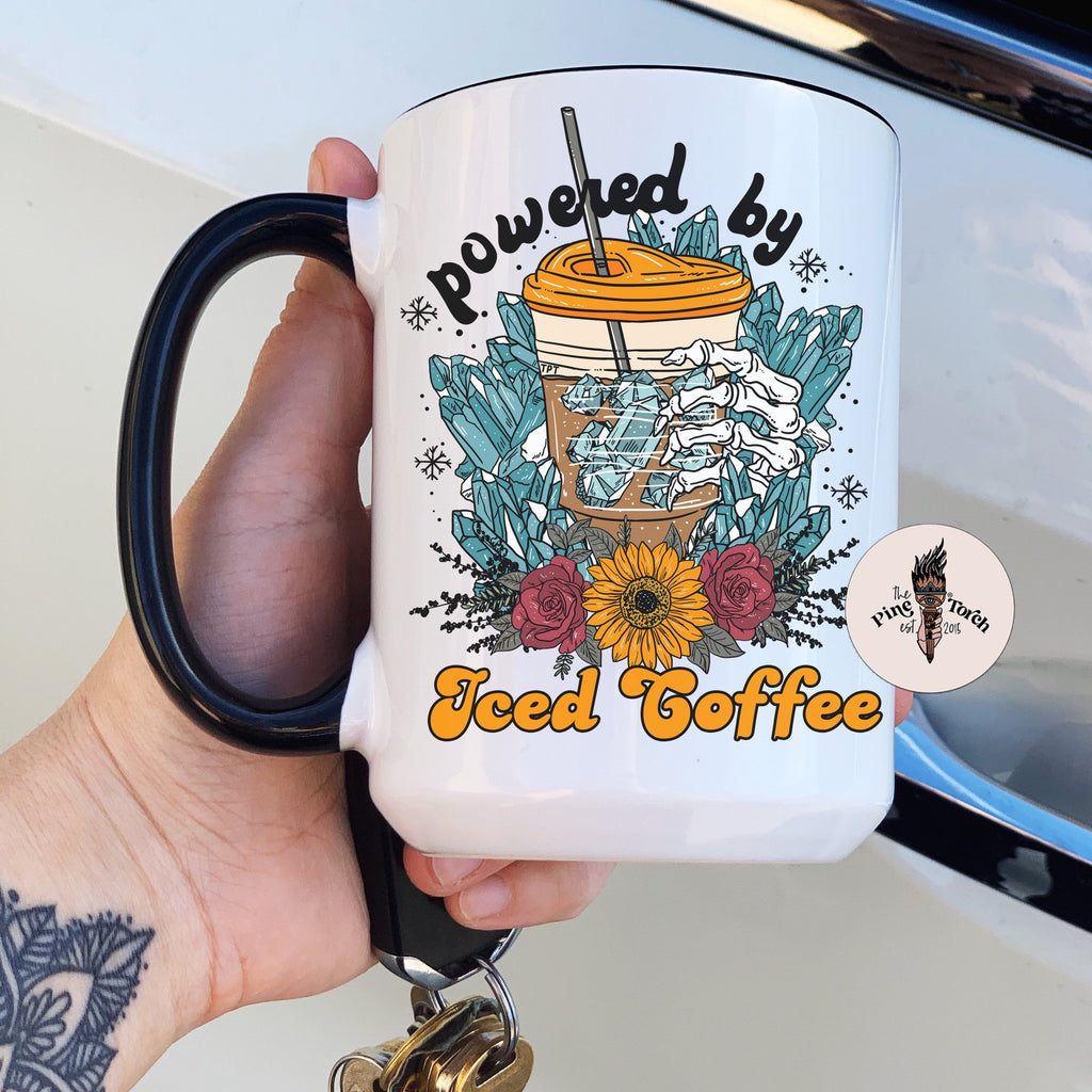 POWERED BY ICED COFFEE // BLACK RIM MUG