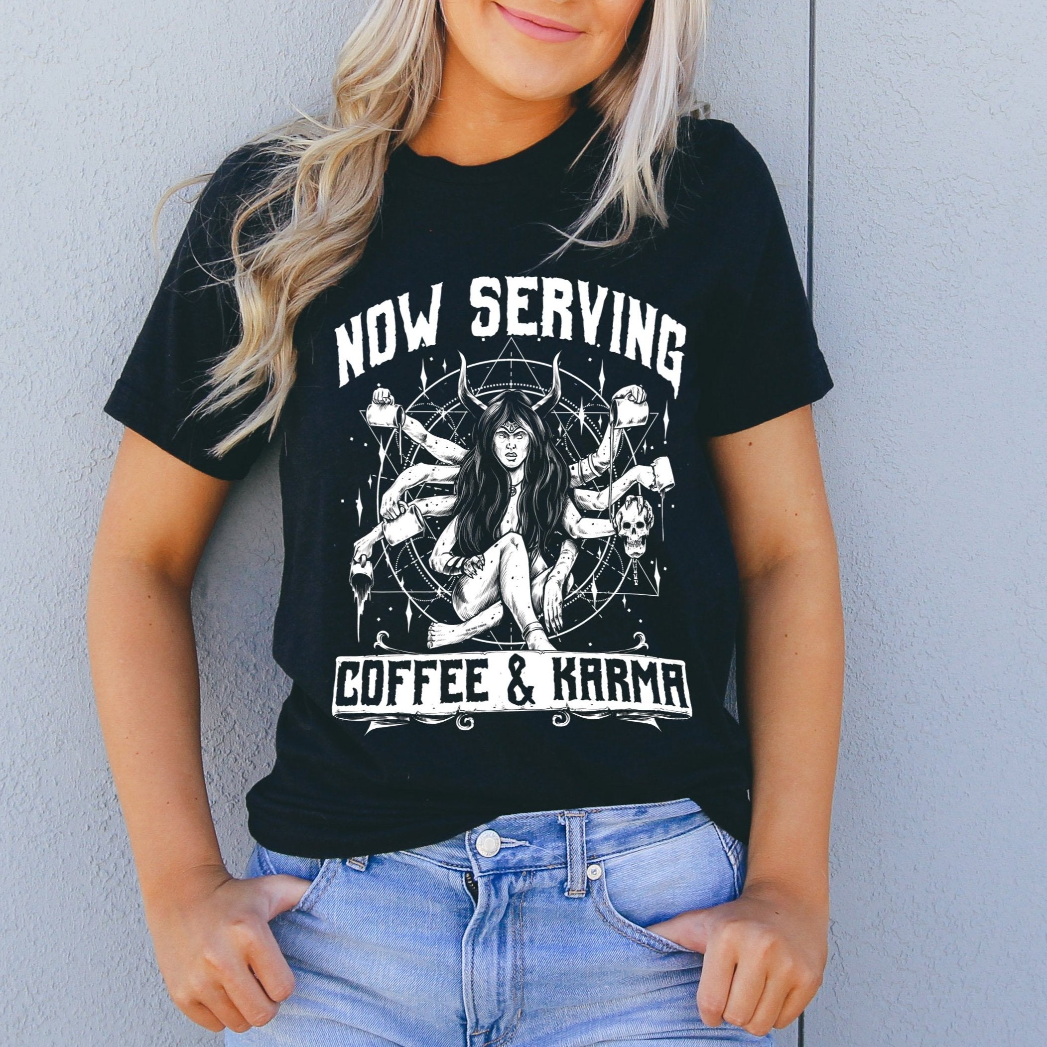 NOW SERVING COFFEE AND KARMA // BLACK UNISEX TEE