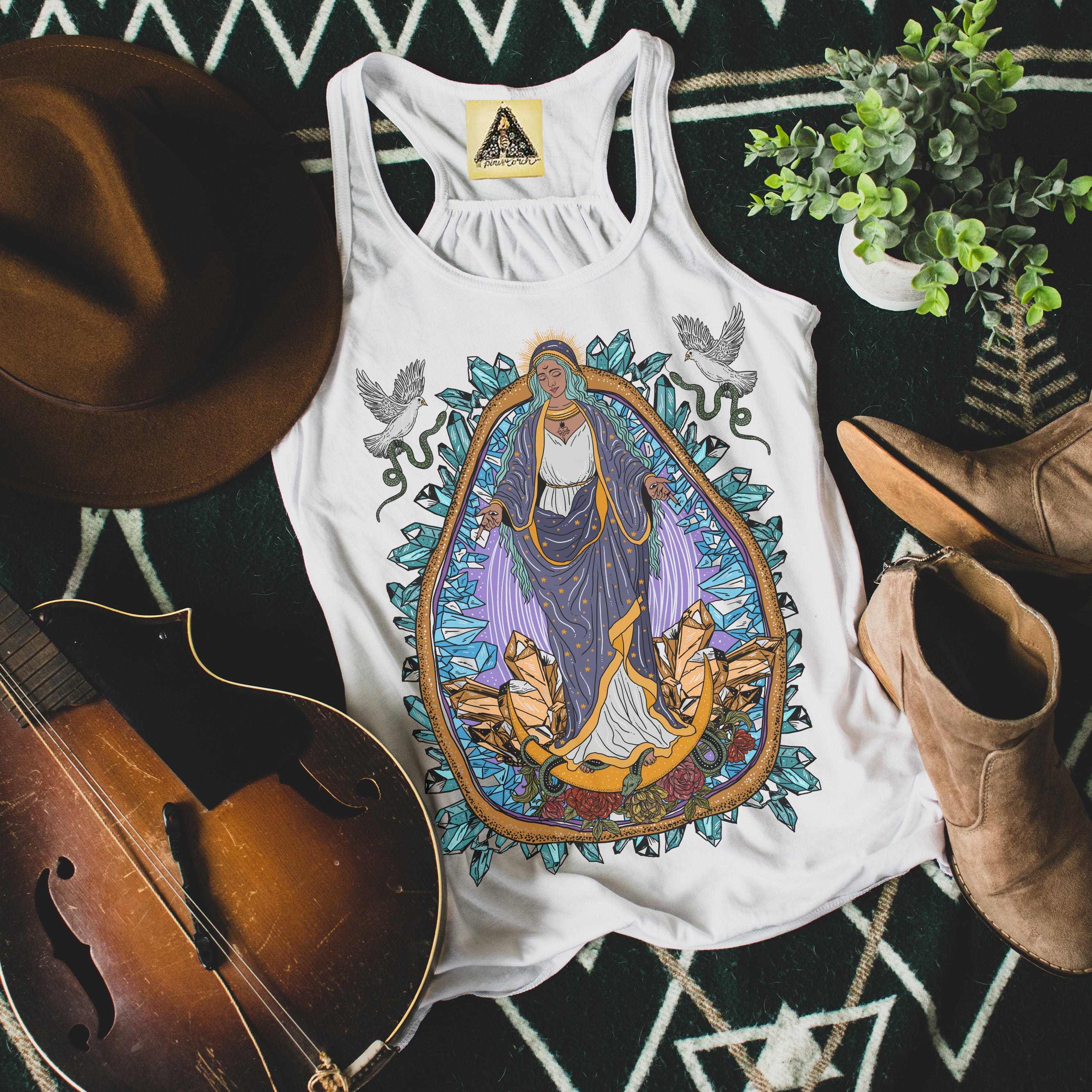 « VIRGIN MARY / GUADALUPE WITH CRYSTALS » SLOUCHY OR RACERBACK TANK