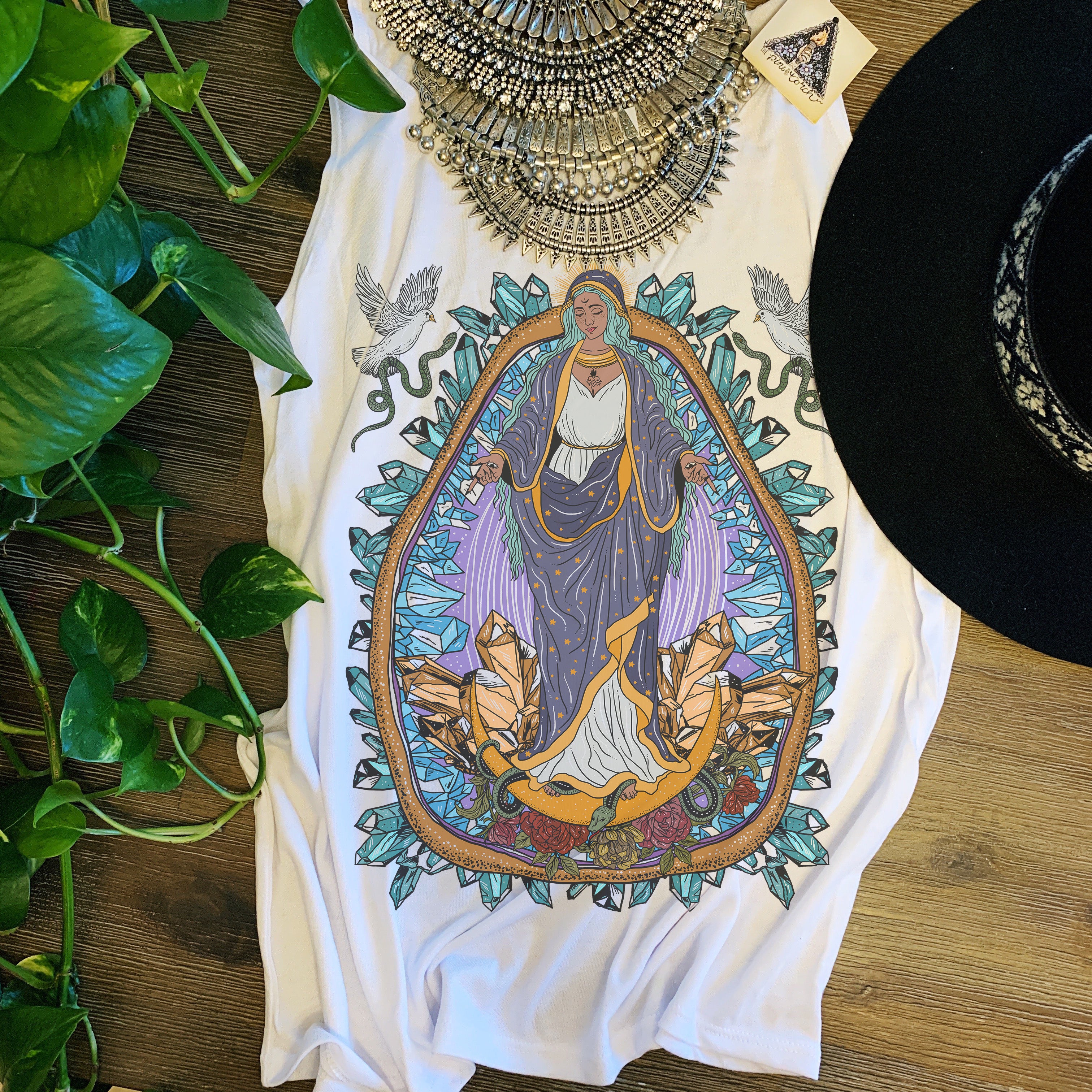 « VIRGIN MARY / GUADALUPE WITH CRYSTALS » SLOUCHY OR RACERBACK TANK