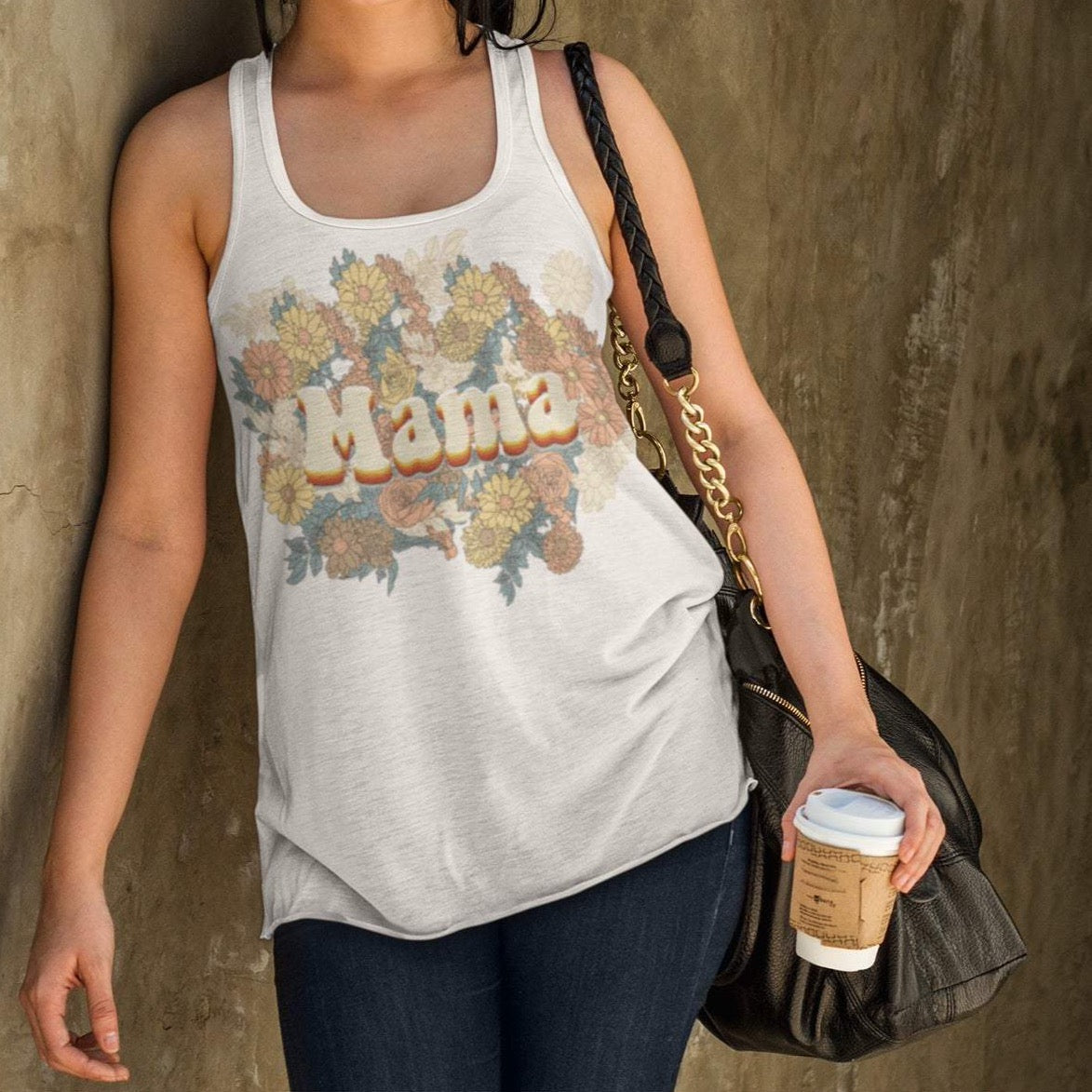 « MAMA RETRO FLORAL » SLOUCHY OR FLOWY RACERBACK TANK