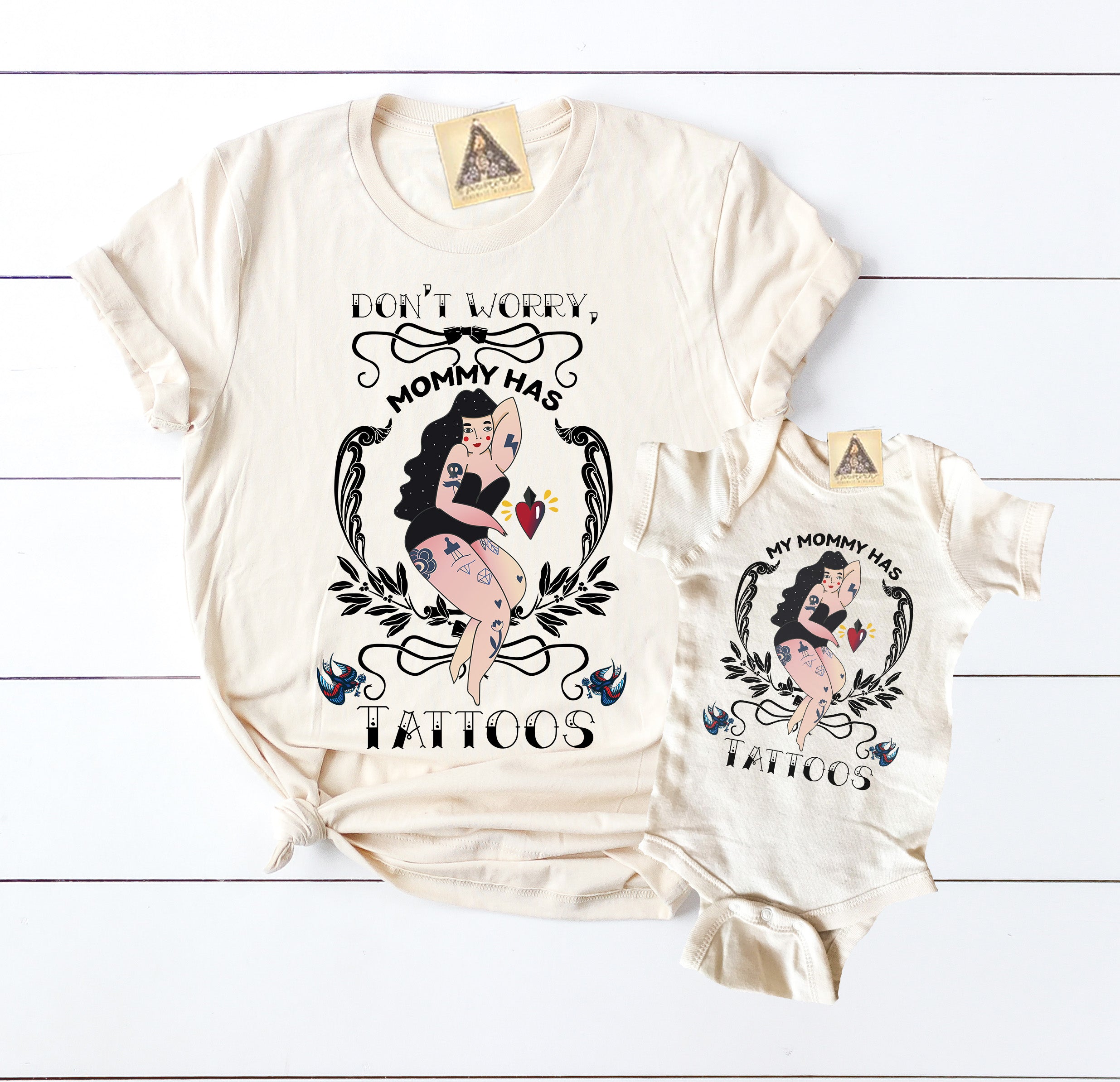 « DON'T WORRY, MOMMY HAS TATTOOS » MOMMY & ME // Unisex Cream Tee + Bodysuit